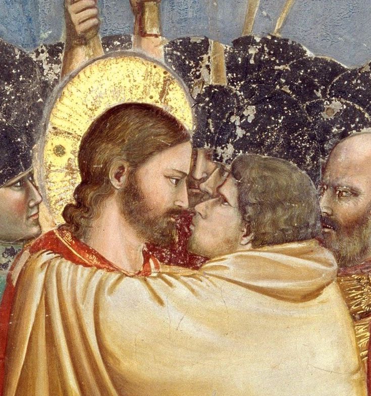 Giotto Scrovegni, Pocałunek Judasza, fragment spojrzenie Jezusa oraz Judasza