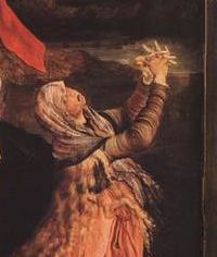 Mathias Grünewald, Ukrzyżowanie, fragment z Marią Magdaleną pod krzyżem. Na jej głowie widać  lekką, ledwo widoczną, przejrzystą chustę na włosach.